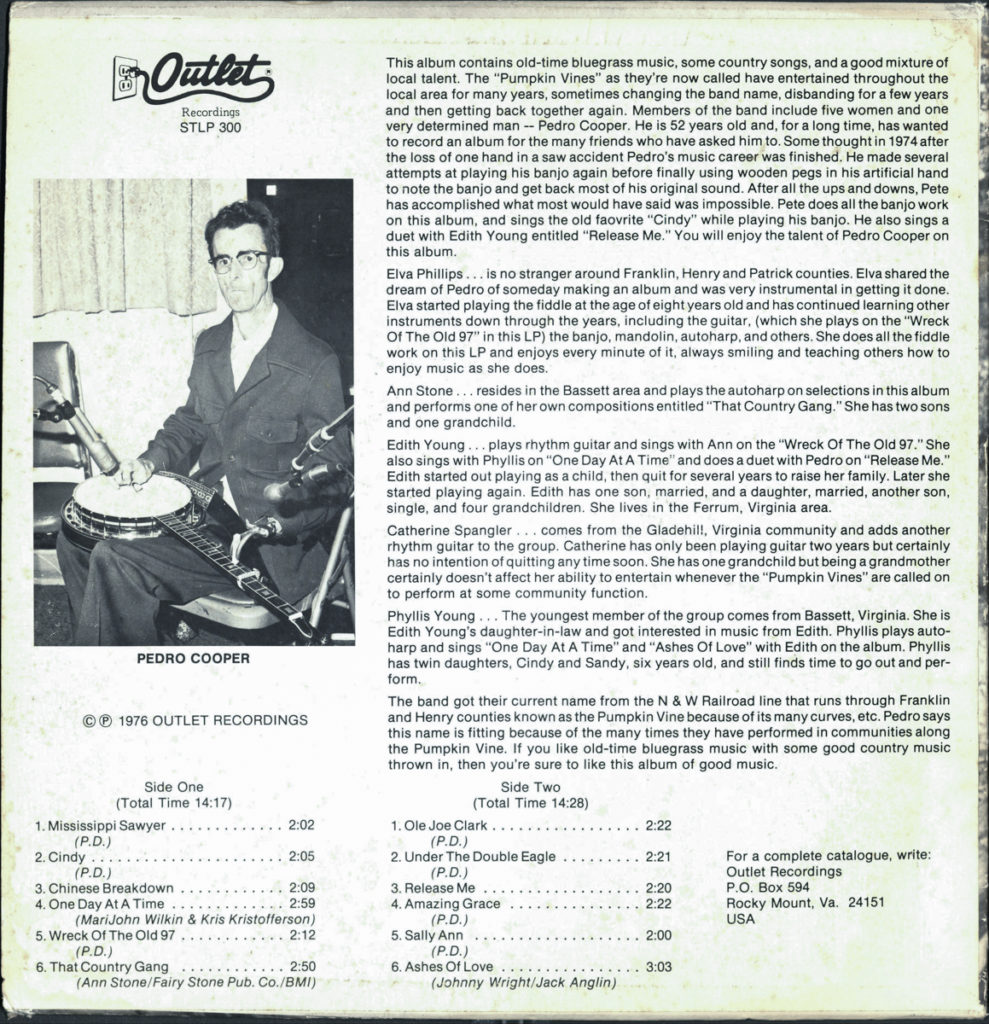 The back cover of the 1976 Pumpkin Vines album with the photograph of Pedro Cooper sitting with his banjo across his lap and the pegs that helped him play attached to his prosthetic hook, the song list for both sides, and a biography of all the band's members.