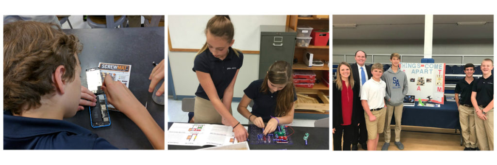 Left pic: Male student taking apart a cell phone; center pic: Two female students working on a circuit board; right pic: A group of students with their Things Come Apart science fair display, along with their teacher and school principal.