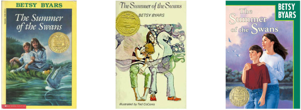 Three covers of the book, all showing Sara sitting with her brother as they watch the swans. The middle cover has a psychedelic feel to its illustration.