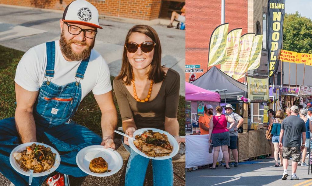 A couple holding festival food and a shot of the line of food vendors on Lee Street.