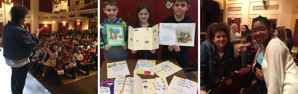 Left: Adriana Trigiani standing on stage at the Barter Theater with an audience full of school children. Center: Three 4th-grade students holding Cynthia Rylant's book and copies of the school project lap books. Right: Adriana Trigiani posing with a young student in the Barter Theater.
