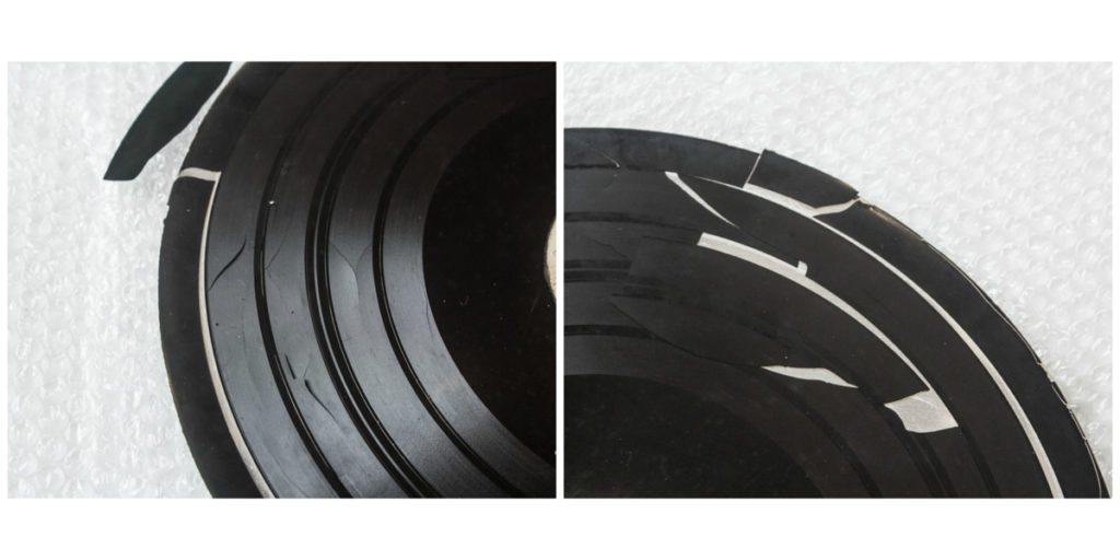 Two photographs of disc showing split laquer and other signs of degradation.