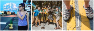 A collage of three photos, the first of a young girl posing by the Bristol sign, the second is a group of folks pretending to sing at the Take the Stage statue, and the third photo is of a man's feet straddled over the Tennessee-Virginia marker found in the middle of the road on State Street.