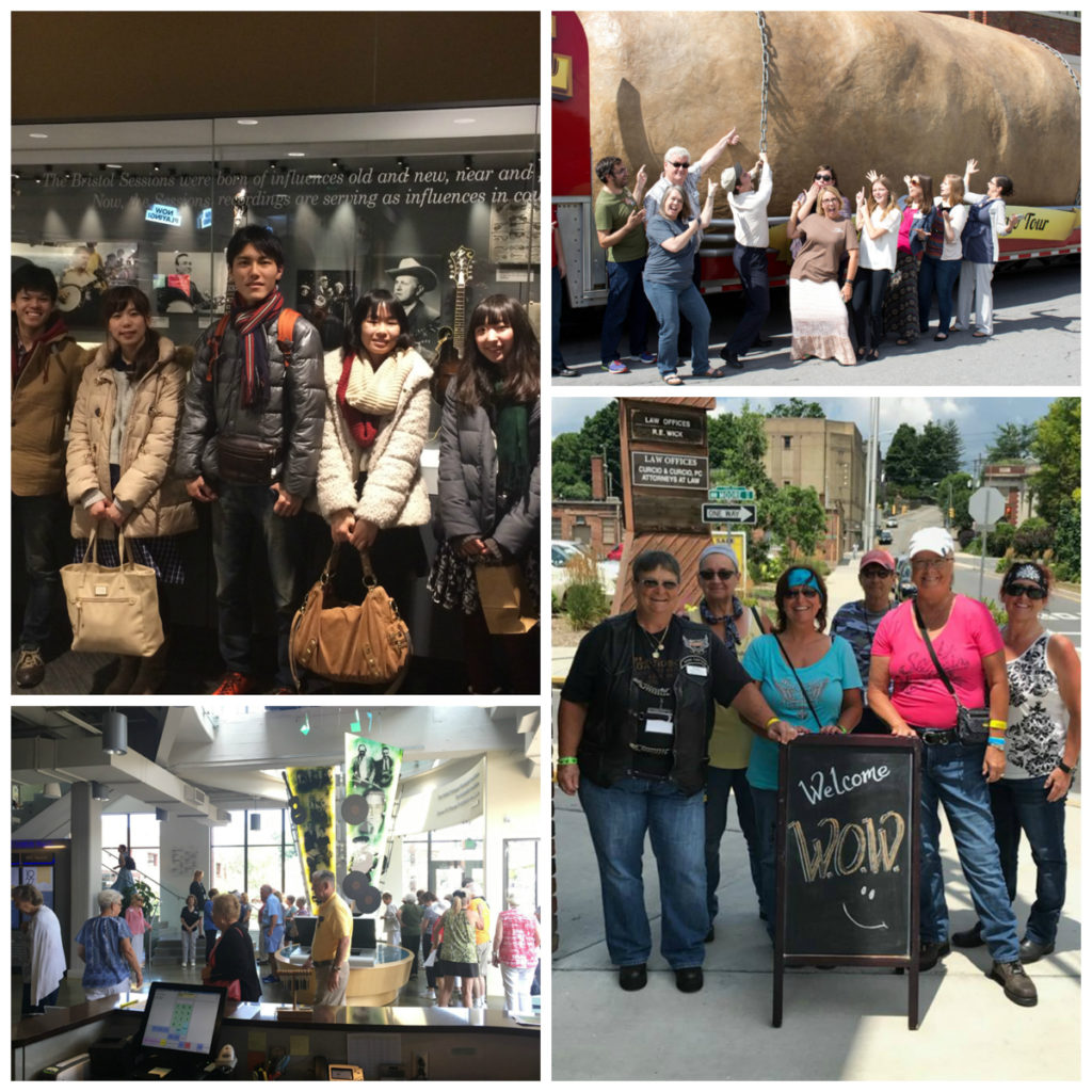 Four photographs: 1) Several Japanese university students standing in front of the instrument case in the museum's permanent exhibits; 2) BCM staff striking funny poses in front of the Big Idaho Potato truck in front of the museum; 3) Several WOW motorcycle riders, all women, standing outside the museum beside a Welcome sign; 4) A view from the frontline reception desk into the lobby, filled with group tour visitors.