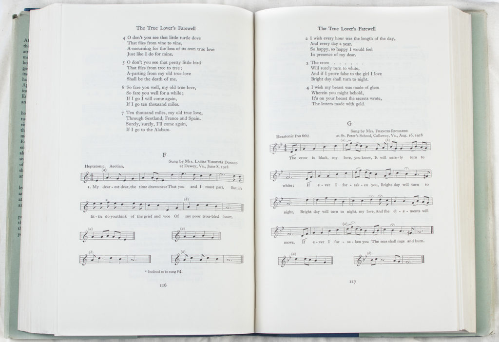 Cecil Sharp book, open to "The True Lover's Farewell" pages