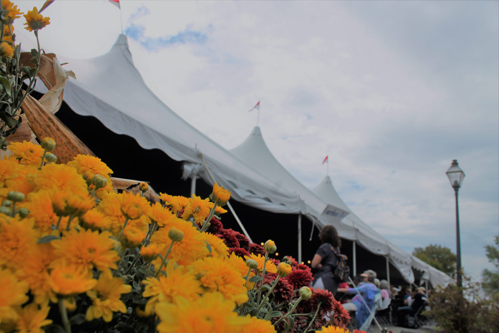 A large white tent can be seen across the whole of the photograph with several people sitting on chairs on its outskirts. A bed of yellow and reddish-orange flowers are in the left-hand foreground.