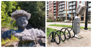 Two images: To the left, a statue of Minnie Pearl from the shoulders up made of chicken wire and set within some large rocks and trees in what looks to be a park. She is wearing her iconic flowered hat with the price tag on it. To the right, a large metal microphone with several dark coils (made to look like the mic's wire) that can be used to attach your bike to when leaving it behind.