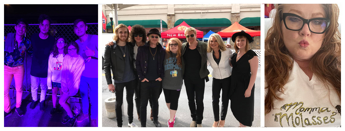 Collage of 3 photos: 1) Two young girls posing with the band The Happy Fits. The girls are wearing their band sweatshirts. 2) Charlene posing in her New Respects sweatshirt while posing with the band Curse of Lono. 3) Charlene selfie, she is wearing a Momma Mollasses t-shirt
