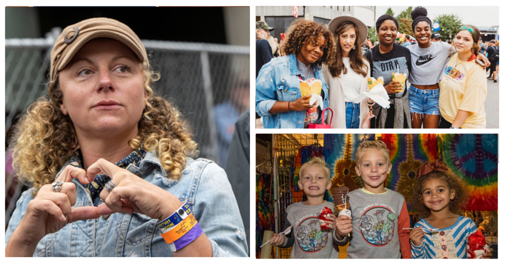 A collage of photos including a woman making a heart symbol with her hands, a photo of five women from different ethic backgrounds smiling at the camera, and a third photo of three children, two boys and a girl, enjoying the festival.