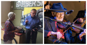 Two images: Left: Two people stand in front of a local history exhibit. A white woman with short grey hair and a colorful top holds a fiddle, while a white man with grey hair and glasses and wearing a blue shirt holds a camera.