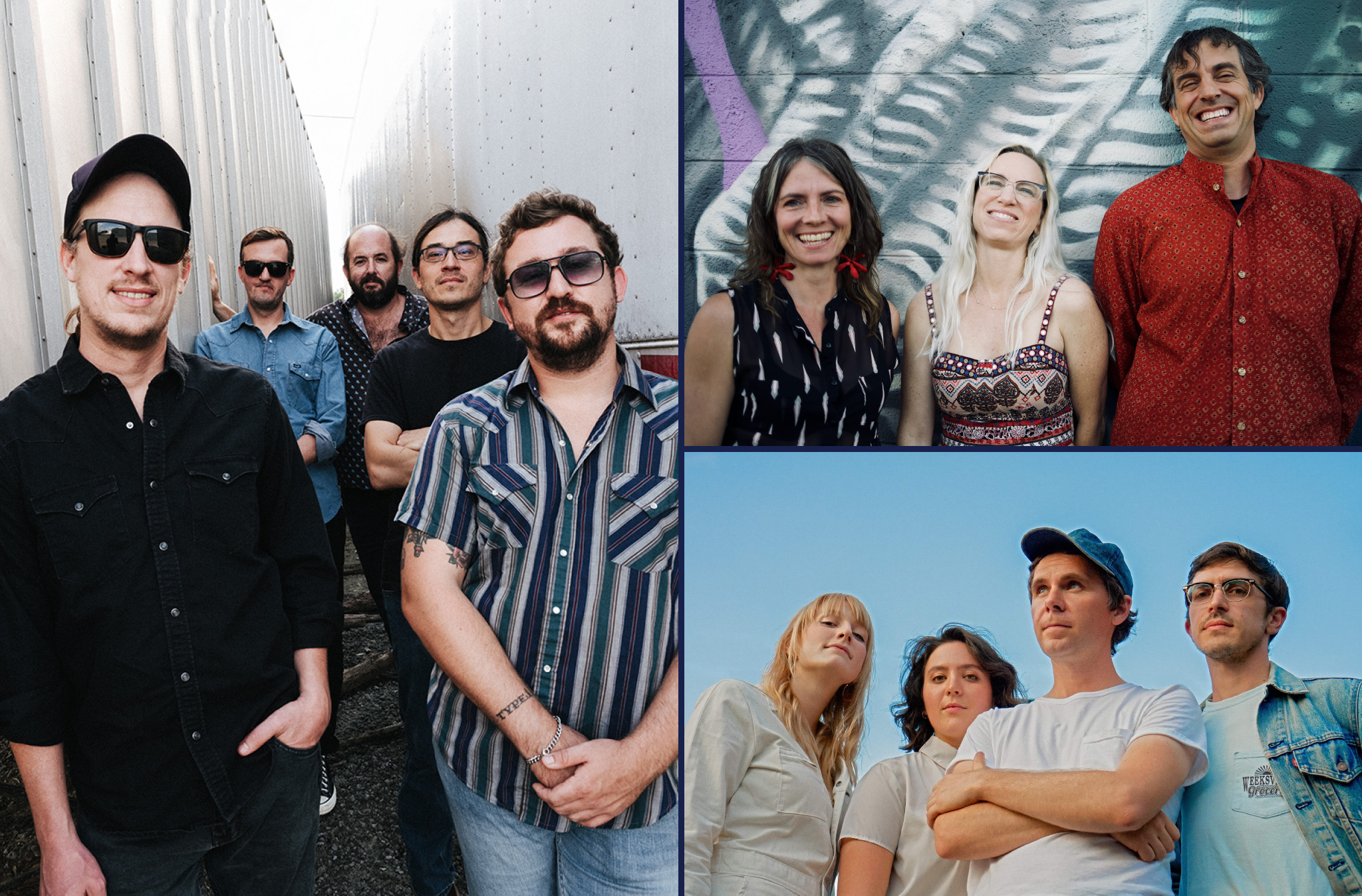 A collage of images featuring the bands Town Mountain, Anya Hinkle Trio, and Bill and the Belles