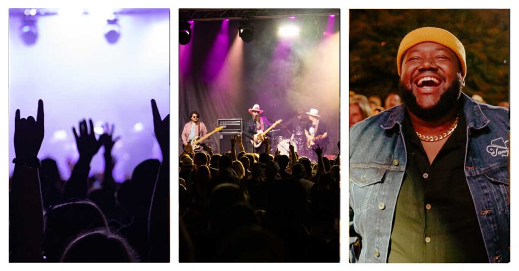 Photo collage of 49 Winchester on stage at the festival, a backstage photo of Michael Trotter of The War & Treaty and audiences enjoying festival