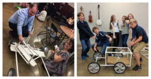 Left: Sullins Academy's Head of School and one of its teachers try out a student activity for the special exhibit Things Come Apart. They are both kneeling on the ground putting together a "vehicle" from PVC pipe. Right: A group of Sullins Academy students pose around their PVC pipe vehicle. There are six white students - 3 boys, 3 girls - and they are doing funny faces and poses.