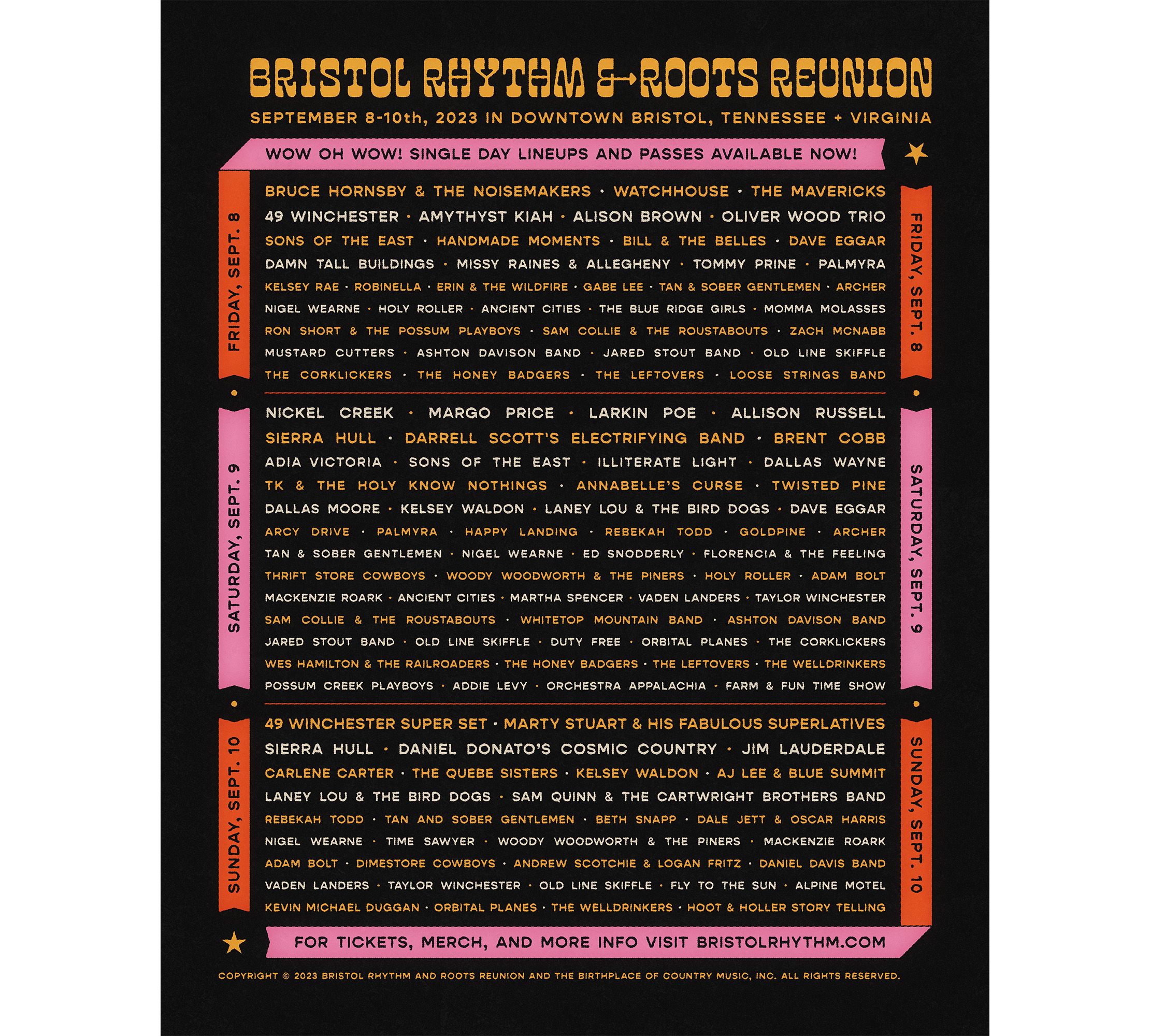 Bristol Rhythm 2023 graphic detailing which days artists will perform.