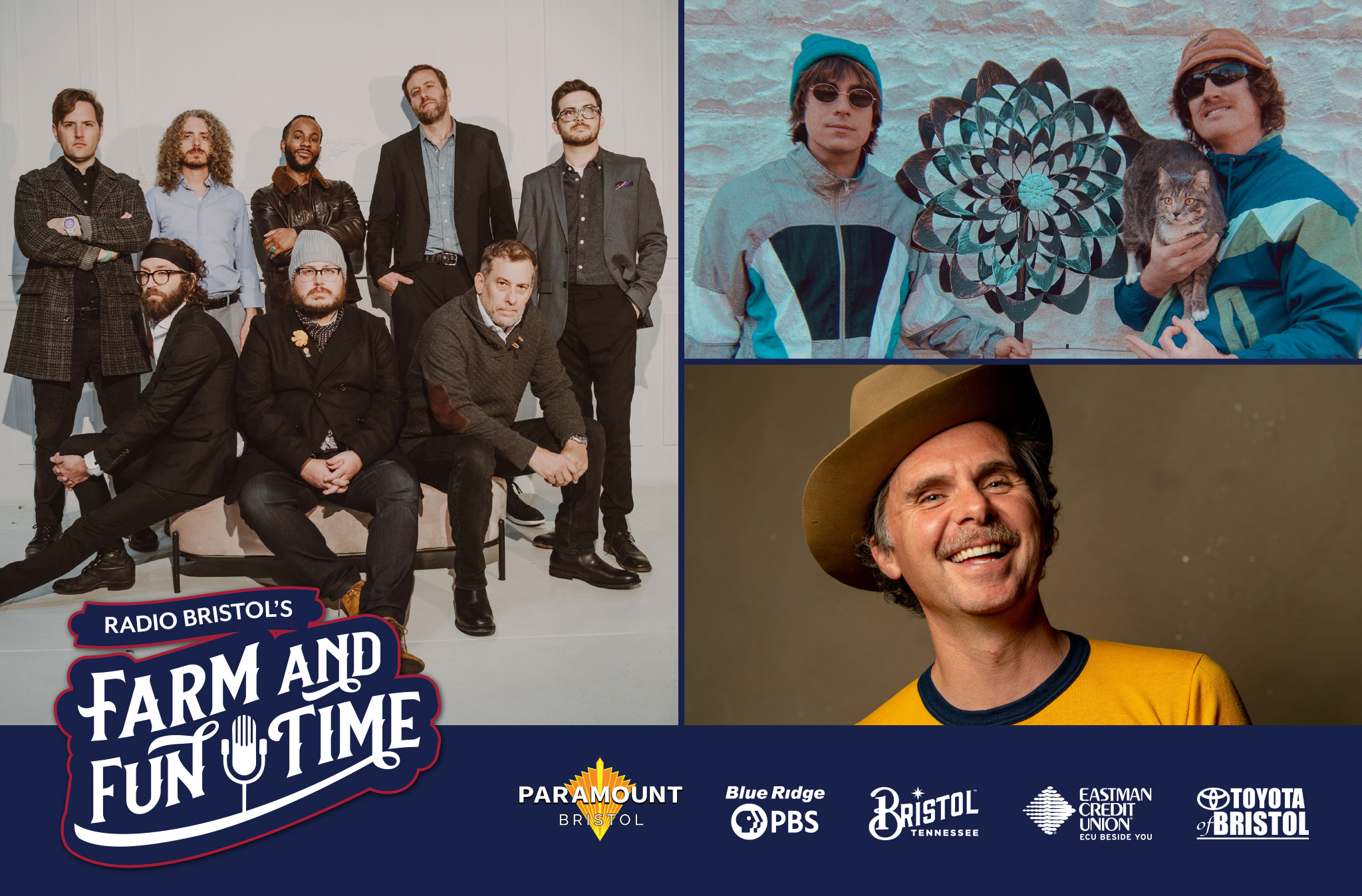 A photo collage. Three photos: St. Paul & the Broken Bones, the band Sugadaisy, and Farm and Fun Time host Kris Truelsen