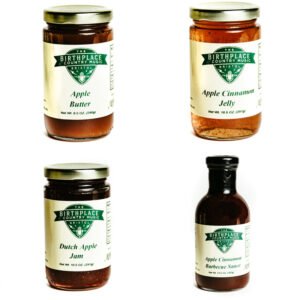 A photo collage of Birthplace of Country Music brand Apple Butter, Apple Cinnamon Jelly, Dutch Apple Jam and Apple Cinnamon BBQ sauce.