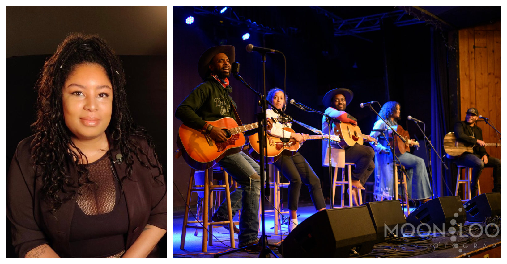 Photo collage of Holly G with a photo of Black Opry Revue musicians performing.