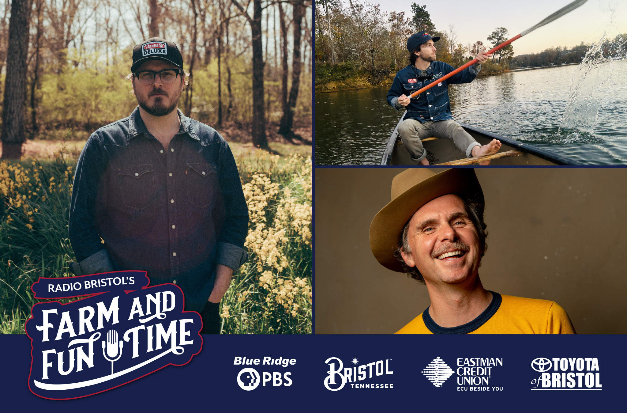 Radio Bristol Farm and Fun Time Graphic featuring a photo collage of artists including Pony Bradshaw, Shay Martin Lovette, and Kris Truelsen