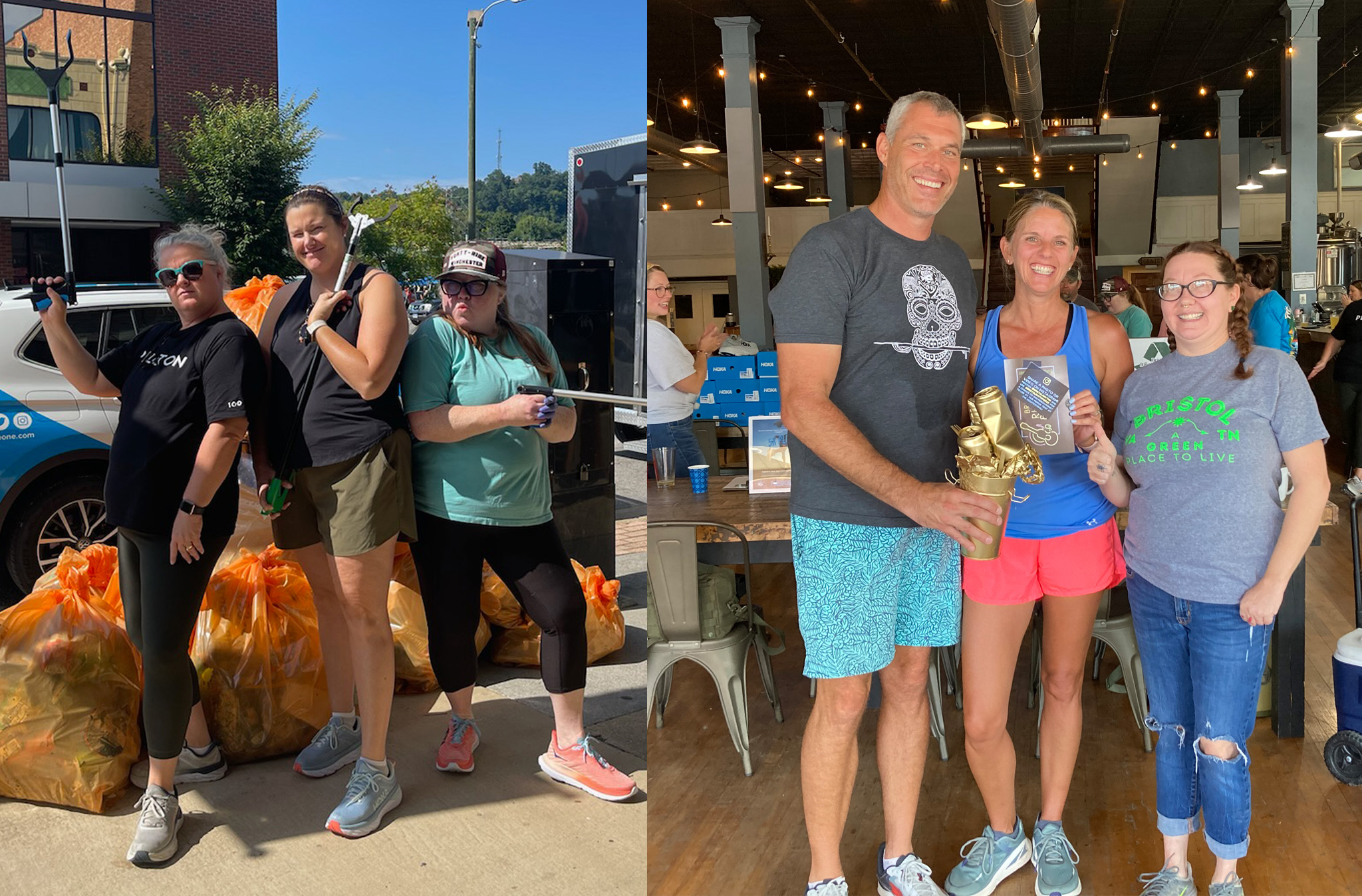 Two photos. One of ladies using tongs to pick up trash. The other photo is a photo of the winner of the plog holding a trophy.