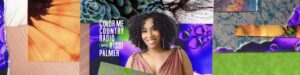 Collage of images with bright colors and varying textures surrounding a black woman in an orange shirt with teh words "Color Me Country Radio with Reece Palmer"