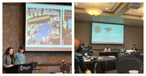 (left image) Two white women, one in a blue shirt with straight brown hair and one in a jean jacket with curly brown hair, stand at a podium in front of a power point presentation. (right image) three people sit at a long table under a power point slide with one person at a podium off to the side.