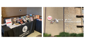(Left image) A table with a black University of Illinois Press logo table cloth and several books on display. (Right image) The corner of a building with RCA Victor Recording Company on one side and the Nipper logo on the other.