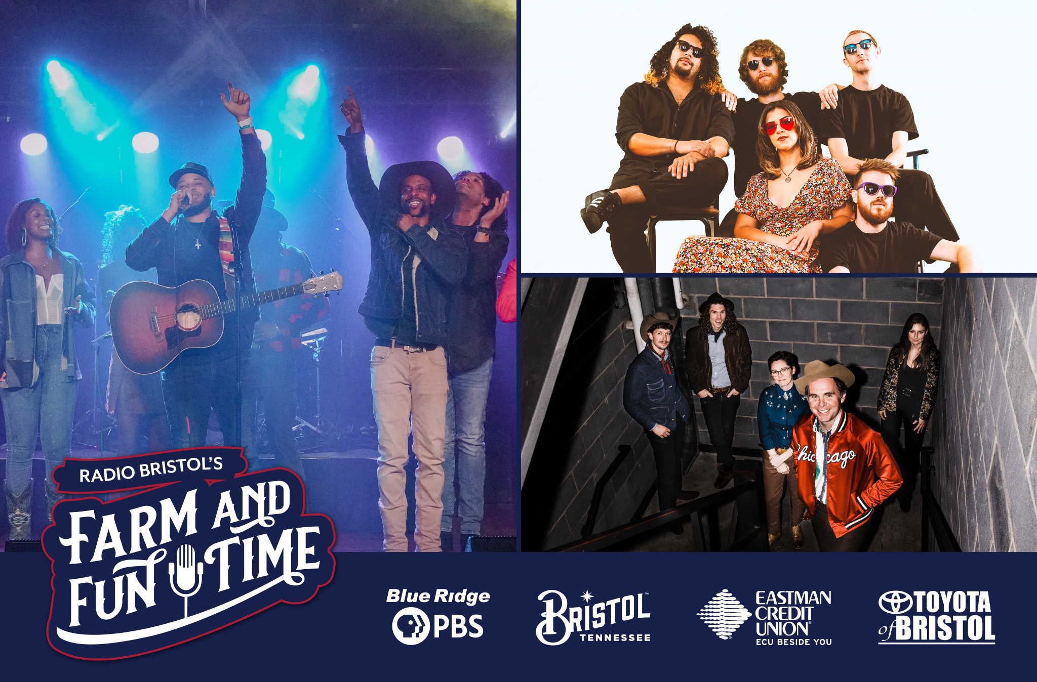 Farm and Fun Time graphic featuring photograph of Black Opry Revue, Florencia & The Feeling, and the Farm and Fun Time house band.