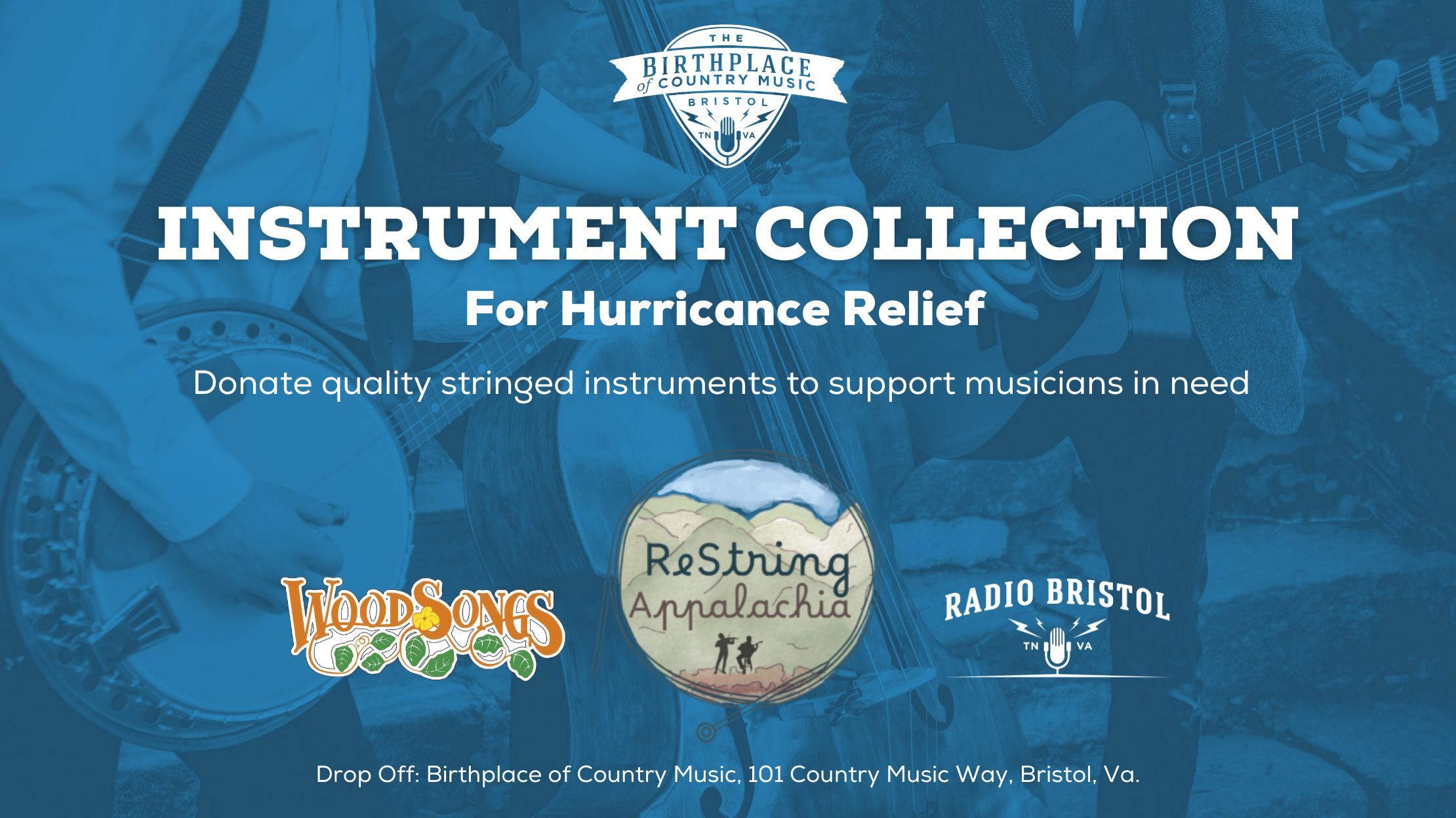 A graphic for Instrument collection with BCM, WoodSongs and ReString Appalachia logos.