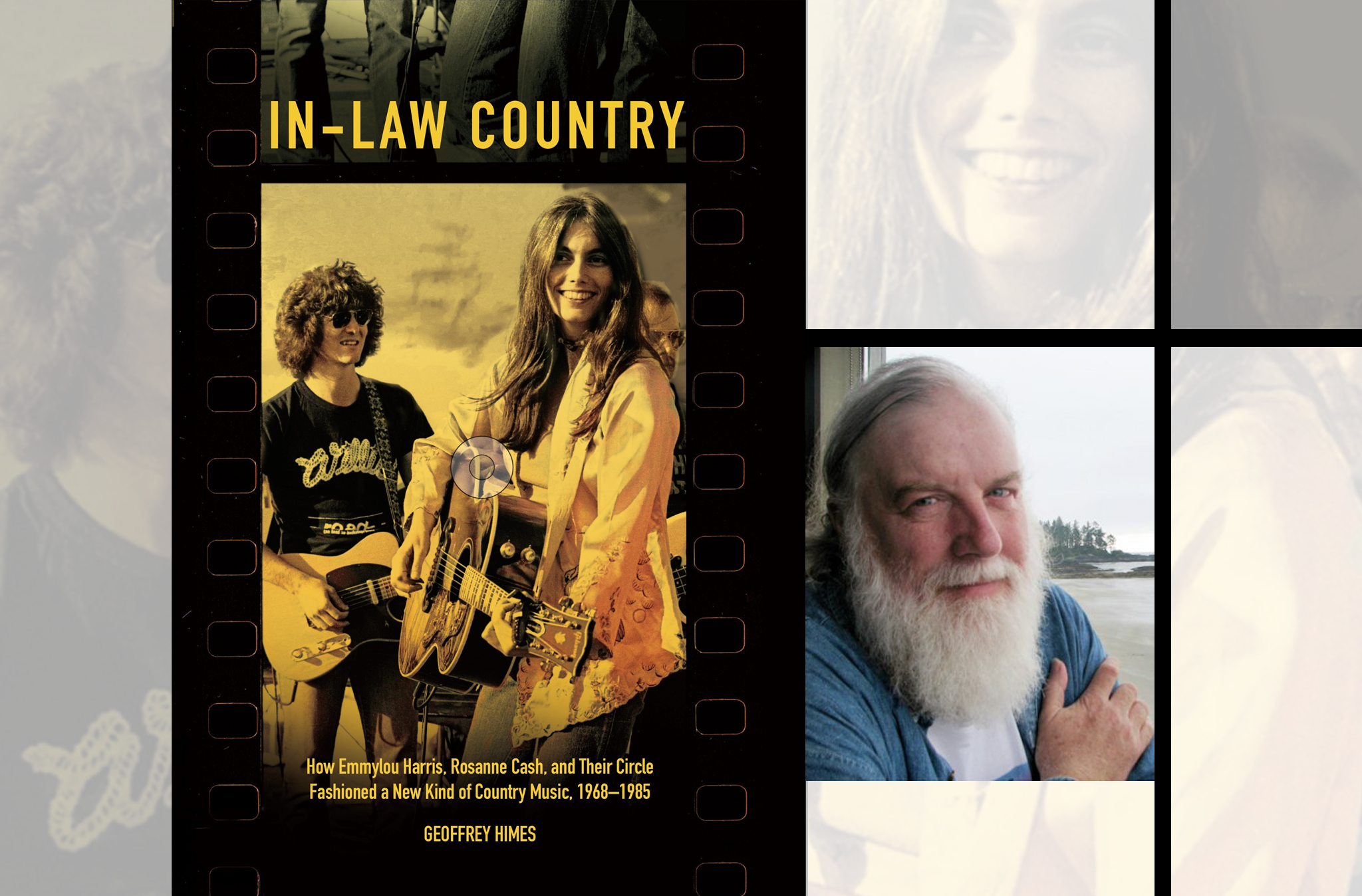 Graphic with a photo of author Geoffrey Himes and the cover of his book which features a photo of Emmylou Harris.