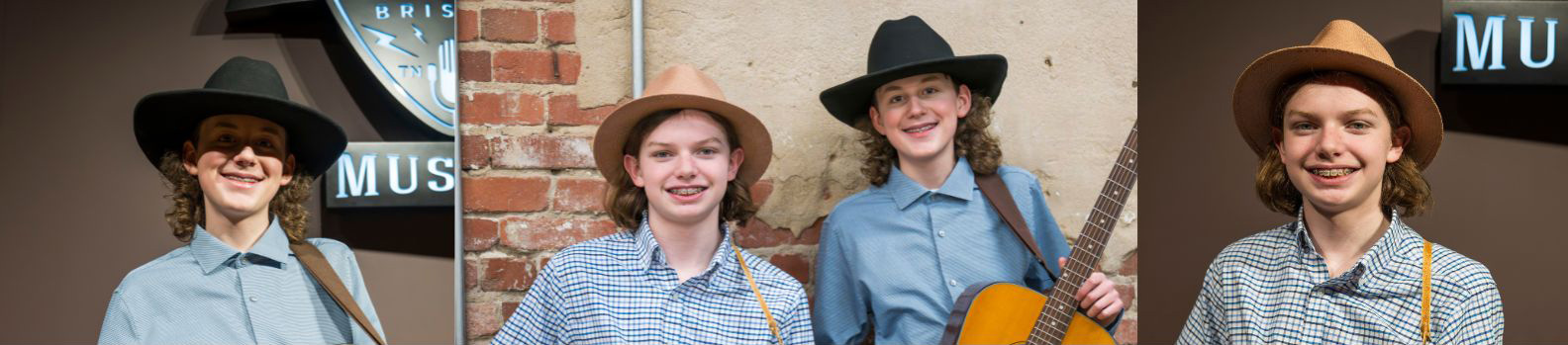 Collage. First image is a young man in a hat. Second image is the same young man standing next to another boy also wearing a hat. Third image is the other boy.