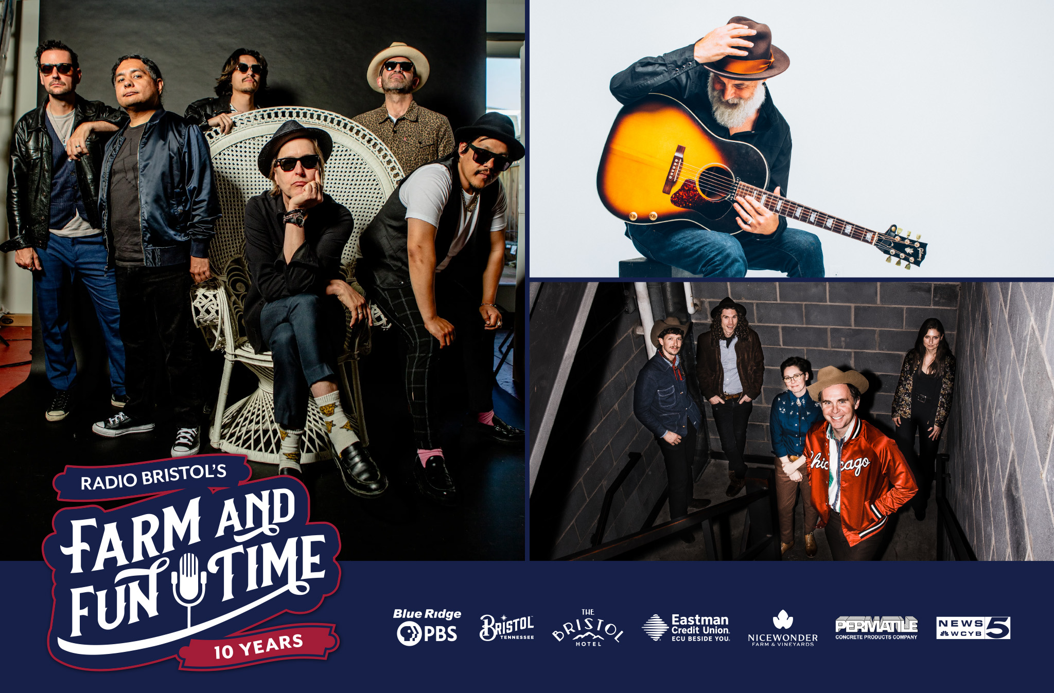 Farm and Fun Time graphic featuring photo collage of Chuck Prophet and His Cumbia Shoes, A. Lee Edwards, and Kris Truelsen and the Farm and Fun Time House Band