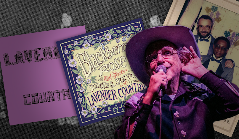 A collage of images of Patrick Haggerty, his husband J.B., and Lavender Country's two albums' covers.