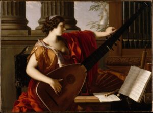 An artwork by the French Baroque painter Laurent de La Hyre. It depicts a woman in Greco-Roman clothing, tuning a theorbo, a 6-foot long instrument with 13 strings. On her chair, over her left shoulder is a small bird observing her tuning. Next to her is a table with various instruments including a lute, two flutes, and a violin, as well as sheet music. On the wall behind her is a pipe organ.