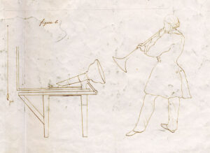 A 1857 sketch by Scott illustrating the process of recording sound using the phonautograph. It depicts a man blowing a trumpet into a horn, which is connected to a device on a table.
