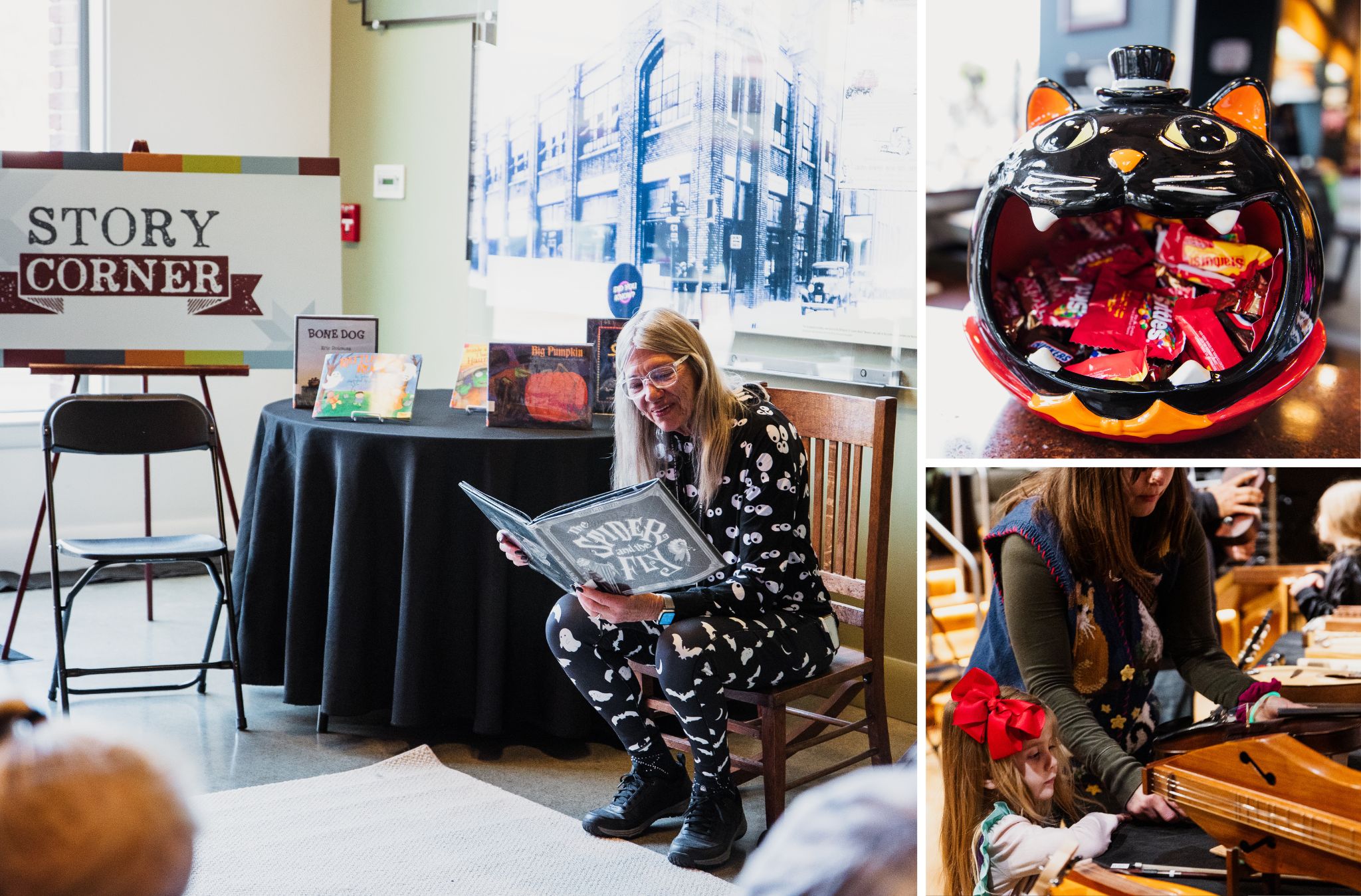 A Birthplace of Country Music Museum volunteer, wearing Halloween themed pajamas, reading to children during Community Day.