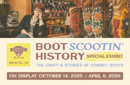 A photo of bespoke boot maker Lisa Sorrell in her workshop among several pairs of her cowboy boots. Boot Scootin' History: The Craft and Stories of Cowboy Boots on display at the Birthplace of Country Music Museum October 14, 2025 - April 6, 2026.