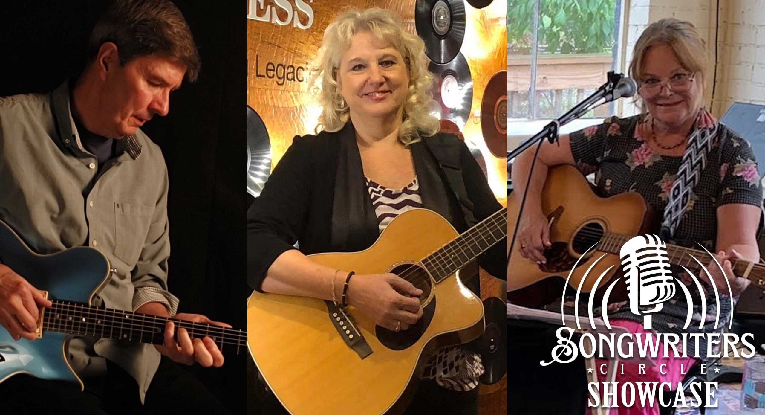 Photo collage of Gerald Sheppard, Mary Munsey, and Jennifer Gillenwater. Each of the songwriters are holding a guitar.